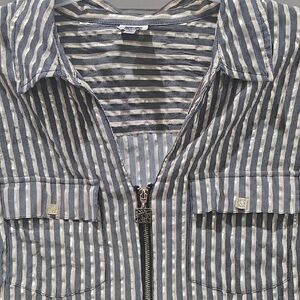 Anne Klein Metallic GOLD and black Striped Blouse W zip Top Shirt